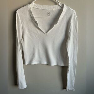 PacSun Cream Ribbed V-Neck Long Sleeve Top
